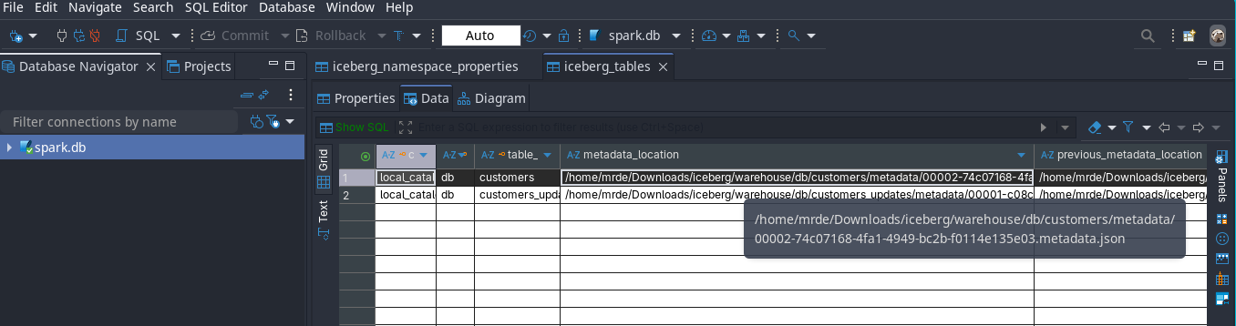 Apache Iceberg MERGE INTO TABLE metadata location